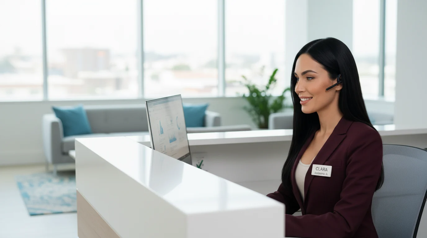 Clara, the PulsifyAI AI receptionist, wearing a headset at her desk